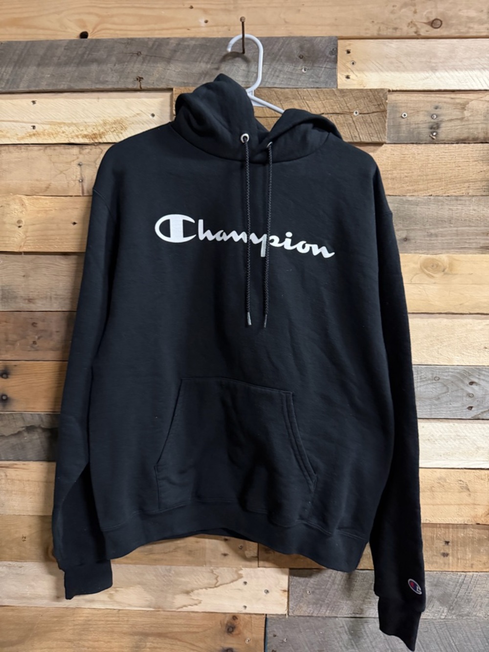 Champion Black Hoodie with White Script